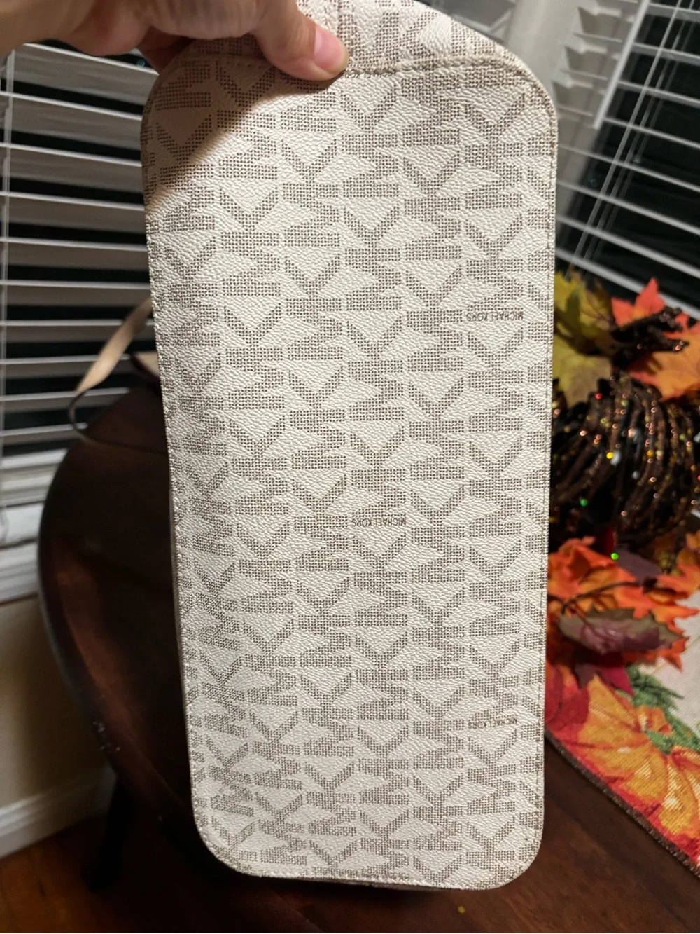 Michael Kors Cream and Tan Signature MK Tote with Gold Charm
